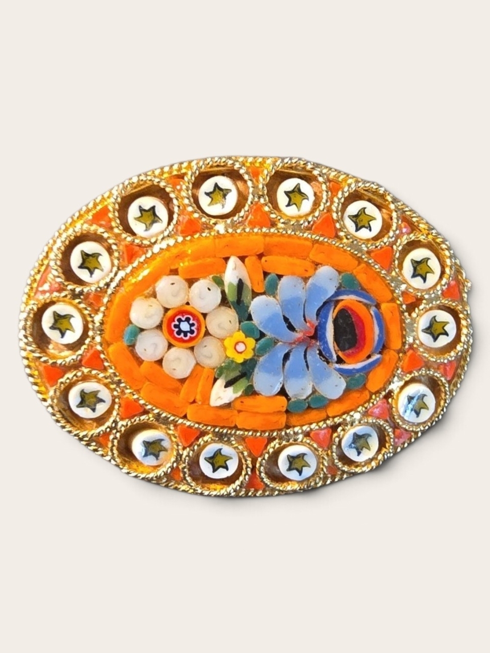 Vibrant Orange Floral Mosaic Brooch with Blue Accent - Women Jewelry